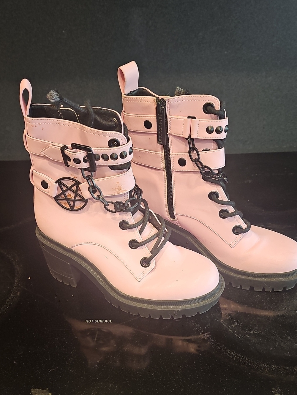 BlackCraft Pink Lace-Up Moto Boots with Chain & Stud Strap